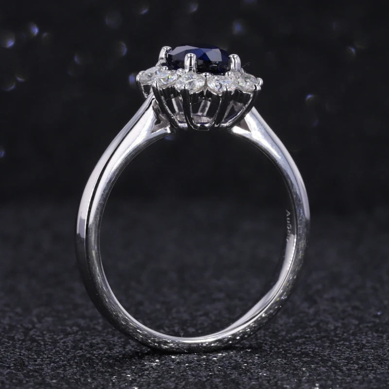 Saphir Ring Blau Halo 14K Gold | Verlobungsring