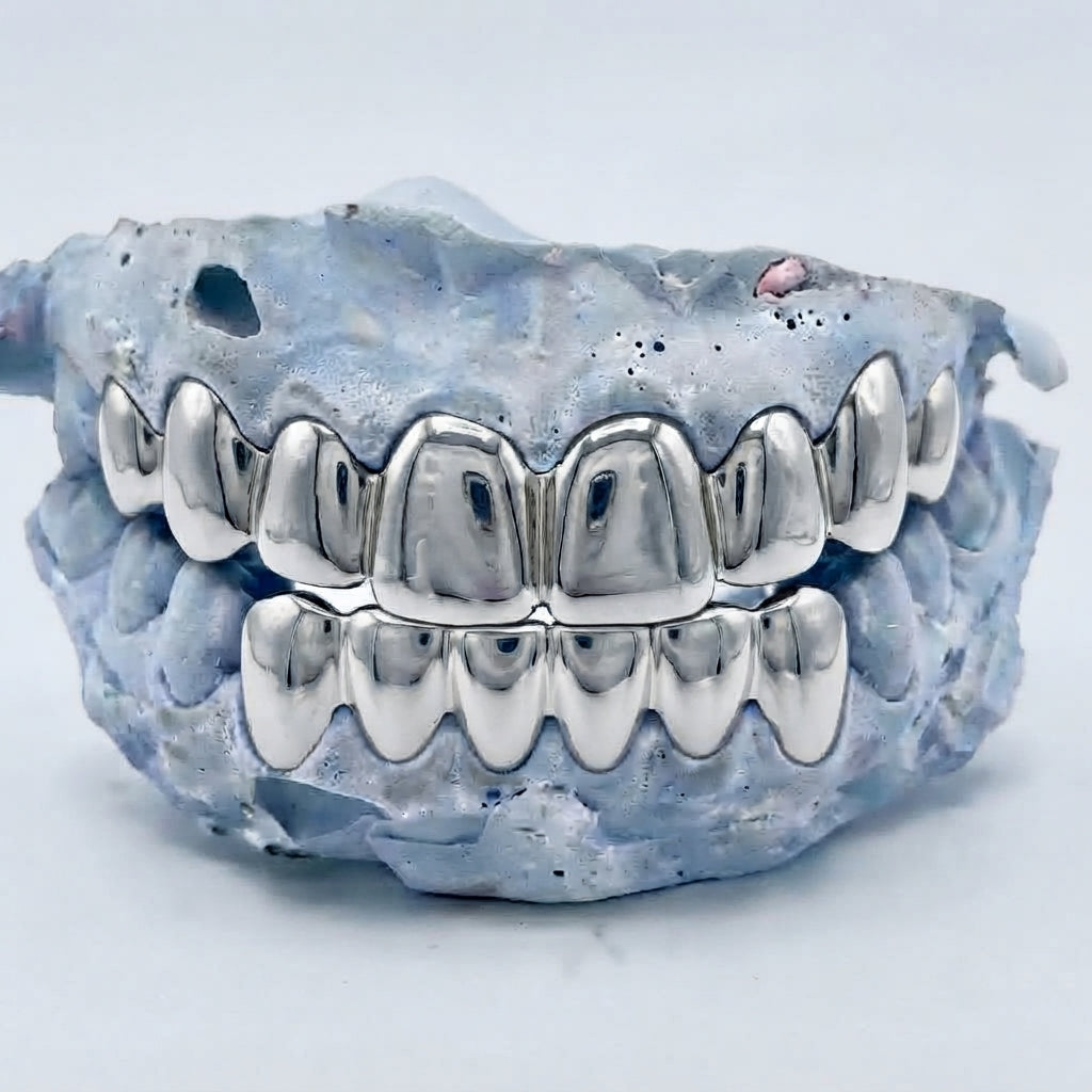 Chrom Grillz oben 8er & unten 6er – Maßanfertigung in silbernem Chrom auf Zahnmodell