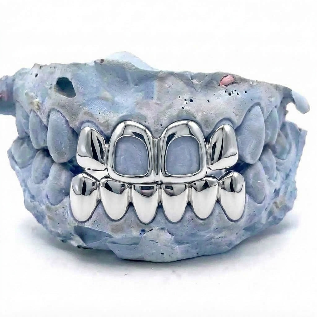 Chrom Grillz oben 4er mit 2 Frames & unten 6er – Maßanfertigung in silbernem Chrom auf Zahnmodell