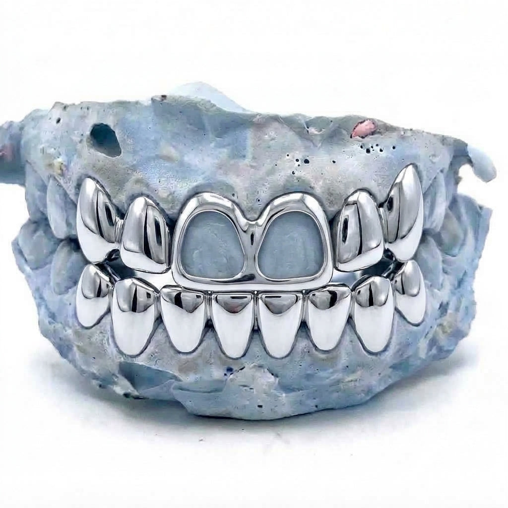 Chrom Grillz oben 6er & unten 8er – Maßanfertigung in silbernem Chrom auf Zahnmodell