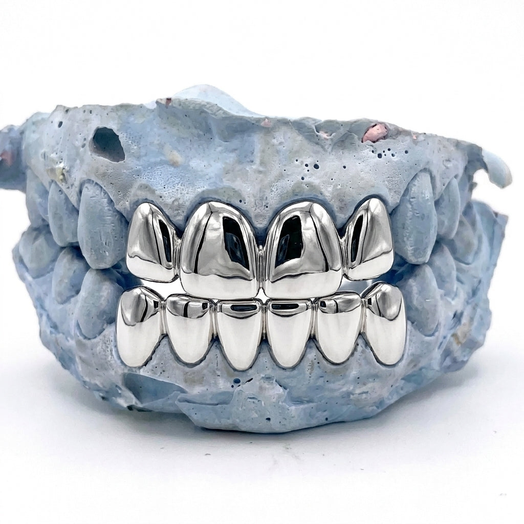 Silver Grillz Set oben 4er & unten 6er – Grillz aus Chrom, Custom Grillz für deine Zähne nach Maß