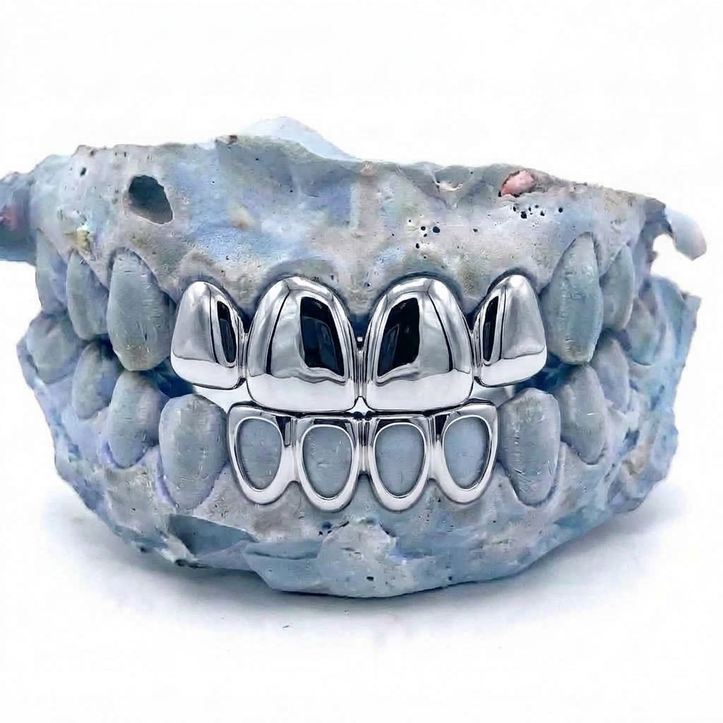Chrom Grillz oben 6er & unten 4er Frame – Maßanfertigung in silbernem Chrom auf Zahnmodell