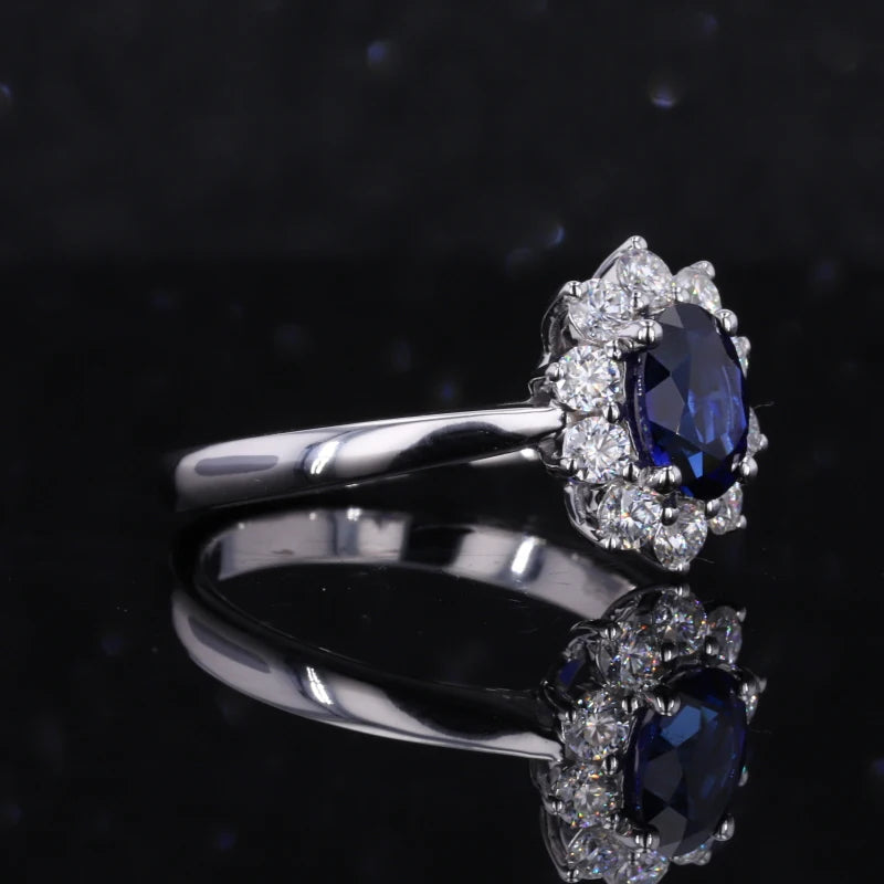 Saphir Ring Blau Halo 14K Gold | Verlobungsring