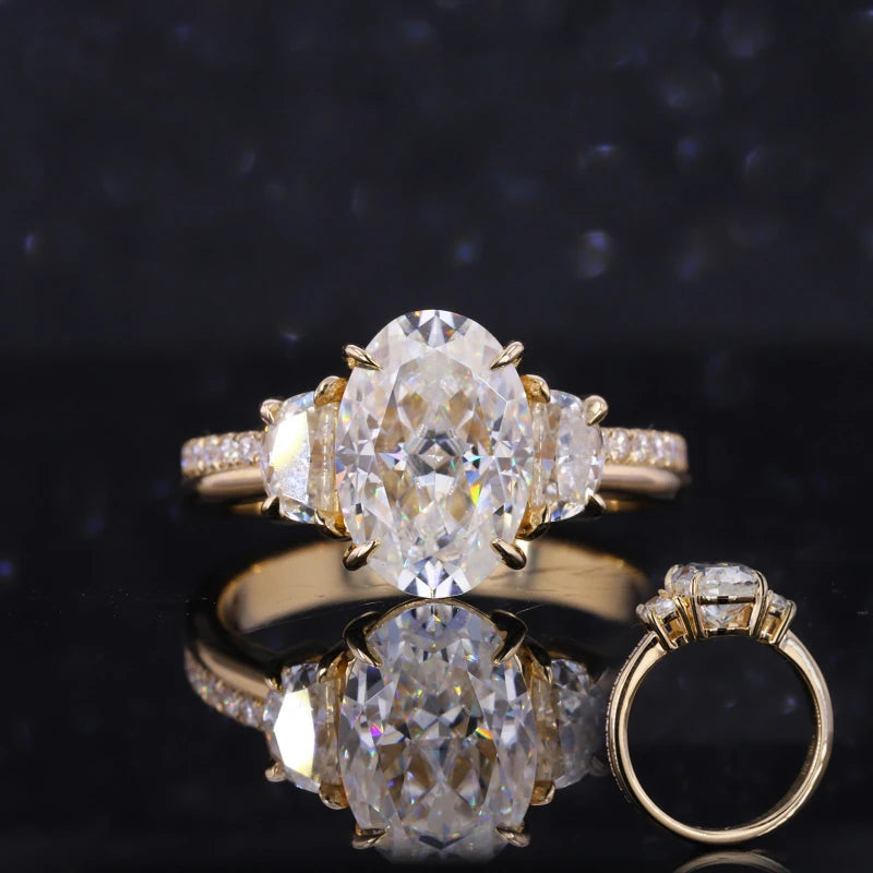 Moissanite Ring 3 Steine Oval & Halbmond | 14K Gold Verlobungsring