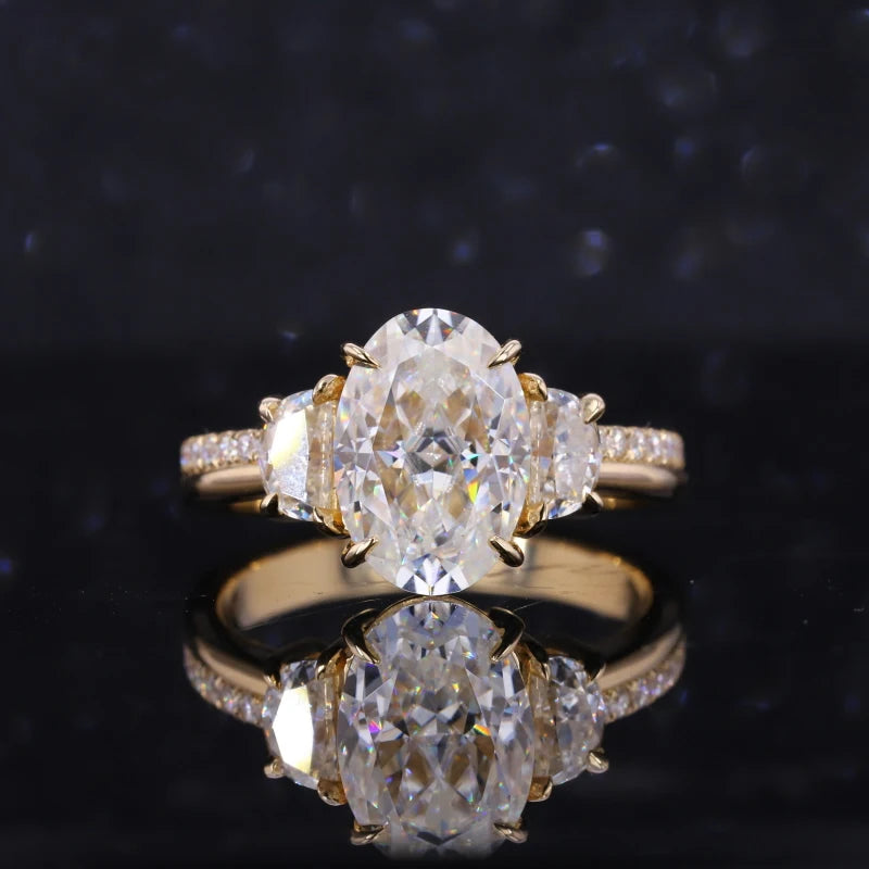 Moissanite Ring 3 Steine Oval & Halbmond | 14K Gold Verlobungsring