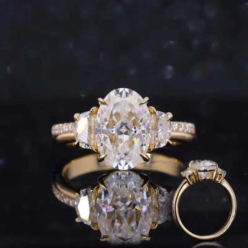 Moissanite Ring 3 Steine Oval & Halbmond | 14K Gold Verlobungsring