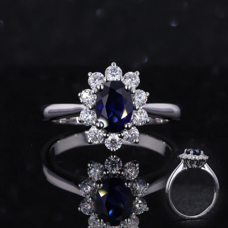 Saphir Ring Blau Halo 14K Gold | Verlobungsring