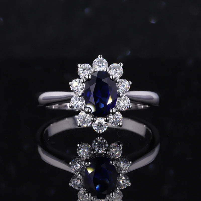 Saphir Ring Blau Halo 14K Gold | Verlobungsring