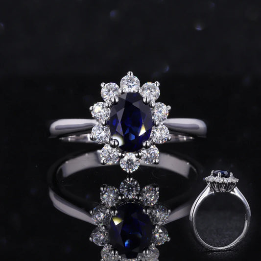 Saphir Ring Blau Halo 14K Gold | Verlobungsring