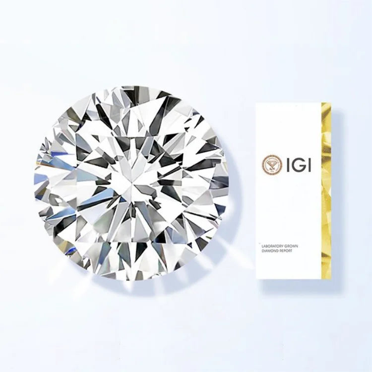 Lab Grown Diamant 3ct Round Brilliant Cut Nahaufnahme neben IGI Diamond Report