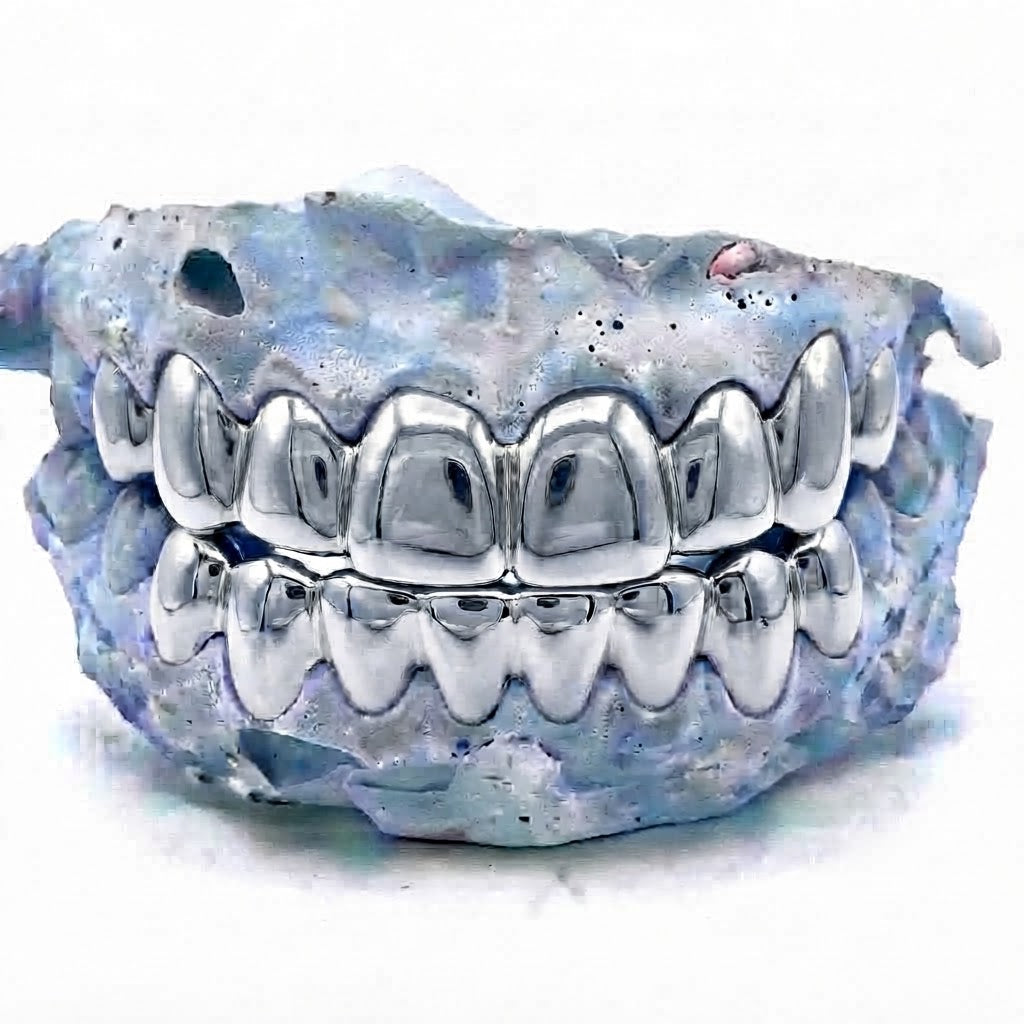 Chrom Grillz oben 8er & unten 8er – Maßanfertigung in silbernem Chrom auf Zahnmodell